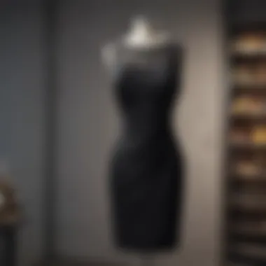 An elegant black cocktail dress displayed on a mannequin in a well-lit boutique.