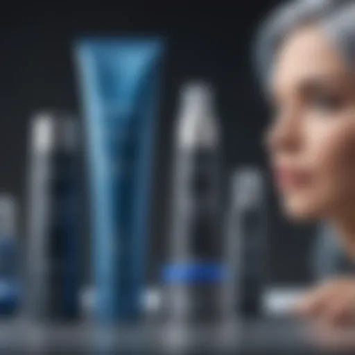 Close-up of blue-based hair products for gray hair