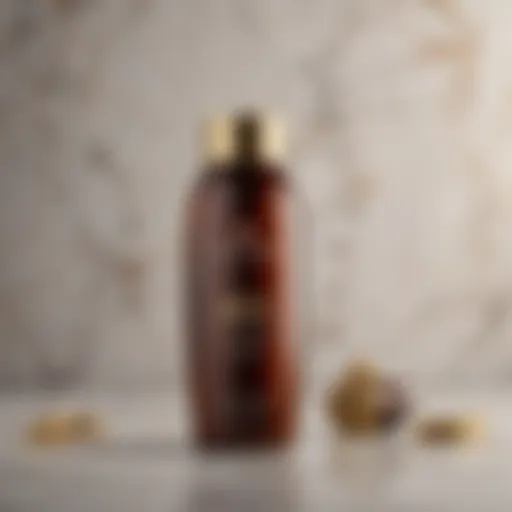 Brown hair shampoo bottle with gold accents on marble background