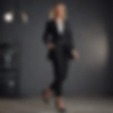 Tall woman showcasing black ankle pants with a statement blazer