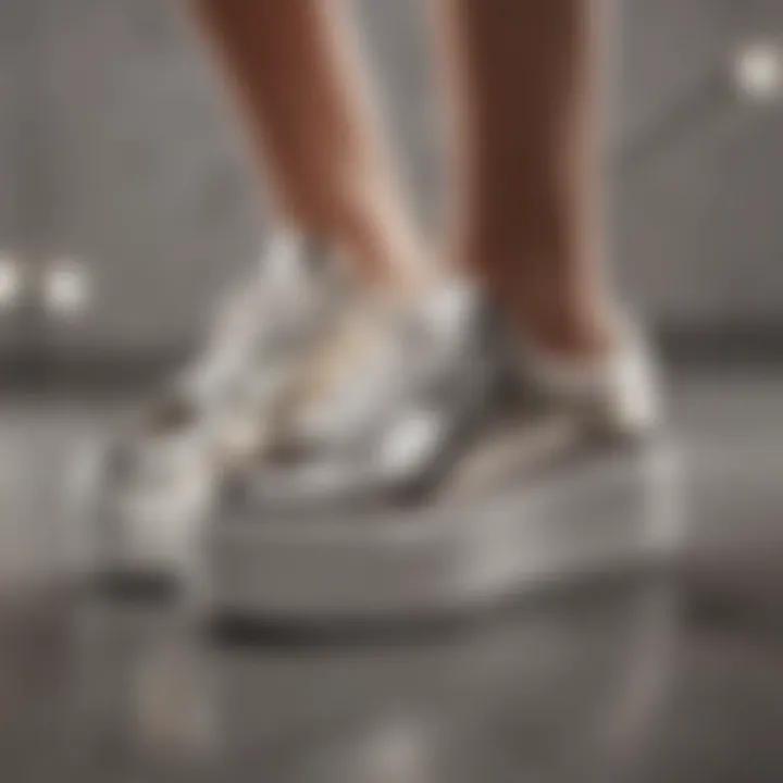 Close-up of trendy platform sneakers in metallic finish