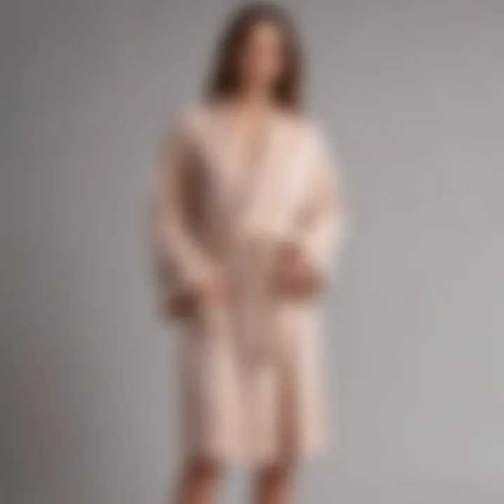 Minimalist yet elegant bathrobe cinched at the waist, paired with delicate jewelry on bare feet