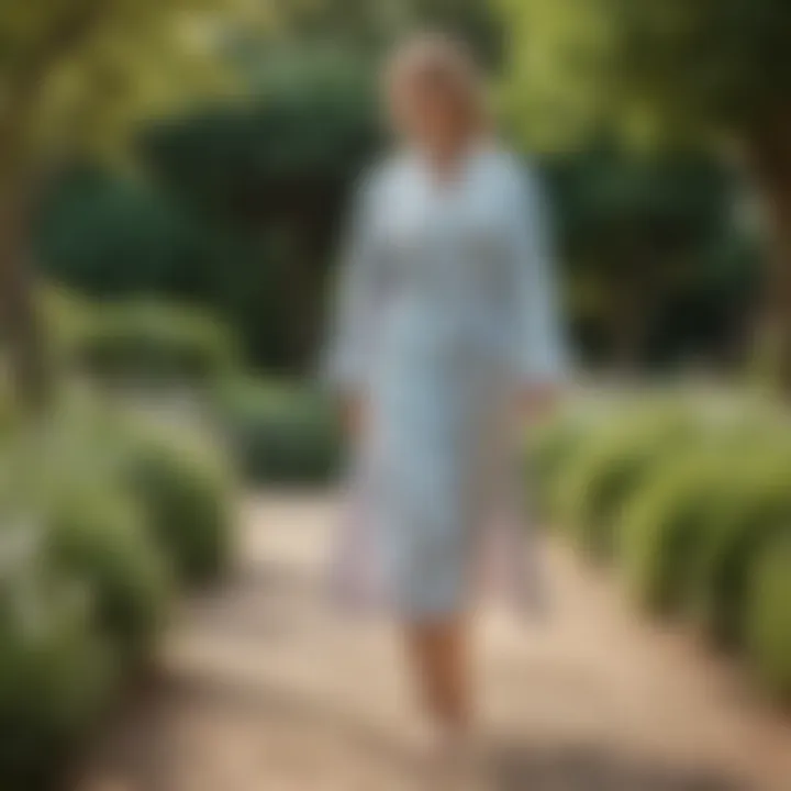 Soft pastel bathrobe flowing gracefully as the woman walks barefoot on a garden path