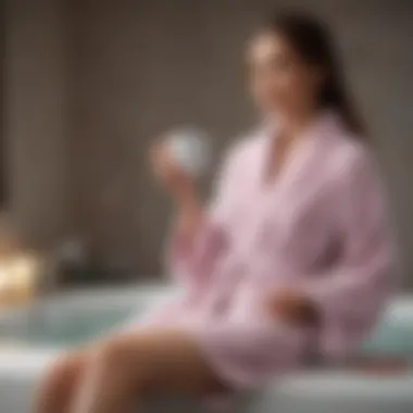 Woman in a plush bathrobe, sipping tea barefoot with a serene expression