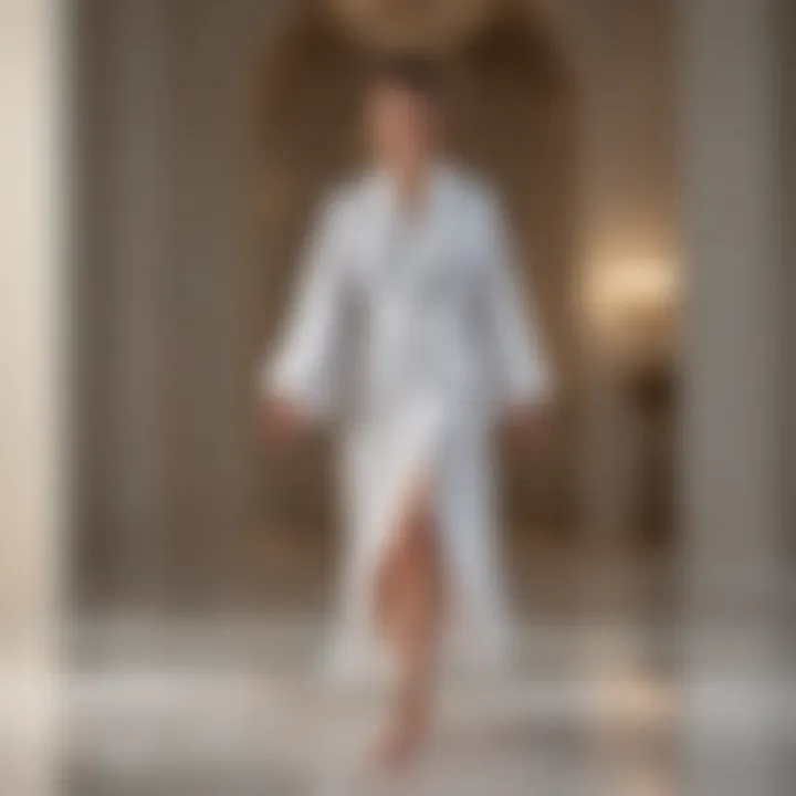 Graceful woman draped in silk bathrobe, walking barefoot on marble floor