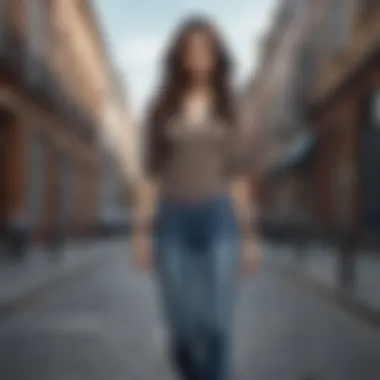 Elegant woman in skinny jeans walking confidently