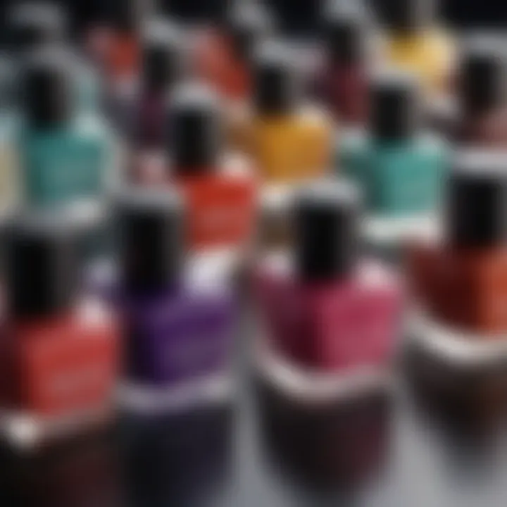 A close-up of various nail polish colors arranged artistically