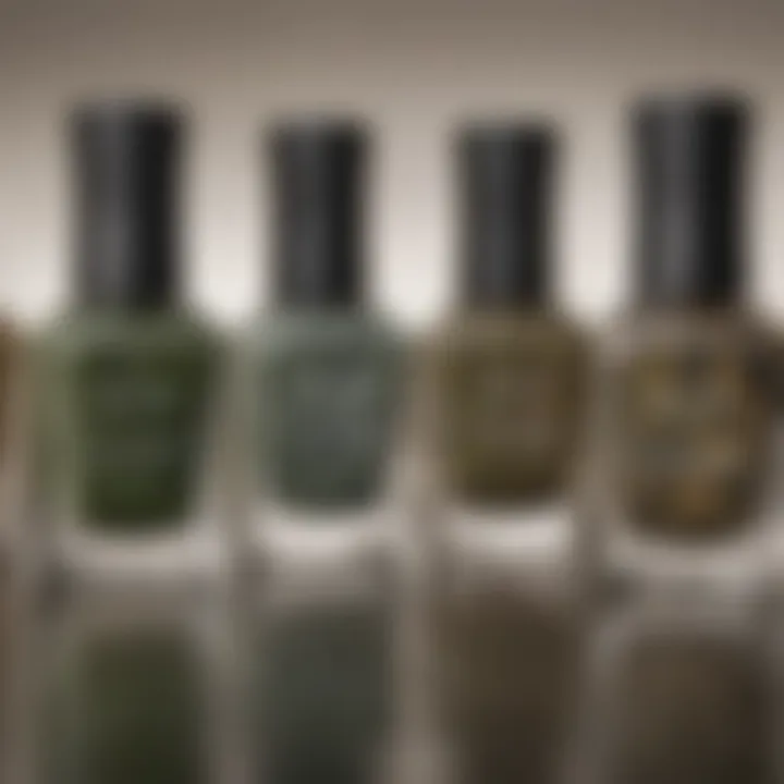 Close-up of camo nail polish bottles in trendy colors