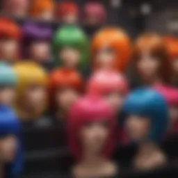 A vibrant collection of colorful wigs displayed on a stylish mannequin.
