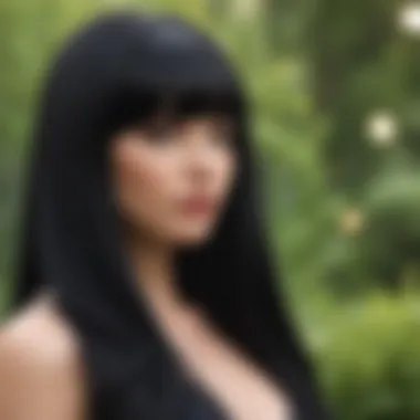 Stylish long black wig on a model outdoors