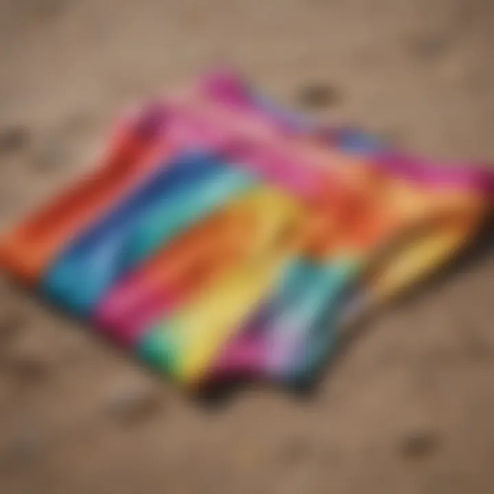 A variety of vibrant swimsuit bottoms displayed on a beach