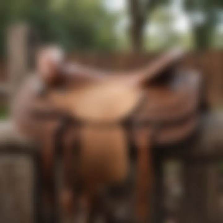 A beautifully crafted leather saddle resting against a rustic wooden fence