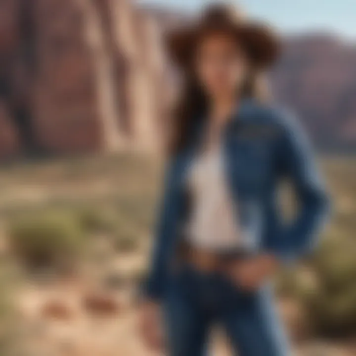 A stylish ensemble featuring a denim jacket, fringed top, and cowboy boots on a scenic backdrop