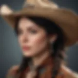 A detailed close-up of a vintage cowgirl hat adorned with intricate embellishments