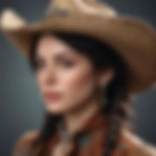 A detailed close-up of a vintage cowgirl hat adorned with intricate embellishments