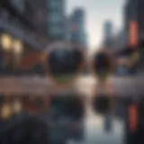 Stylish sunglasses reflecting urban skyline