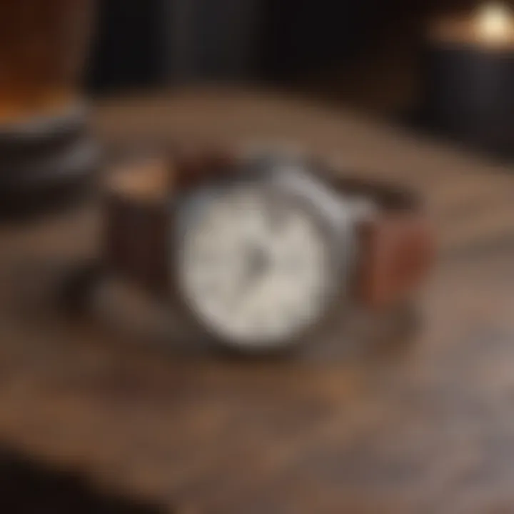 Vintage watch with leather strap on rustic background