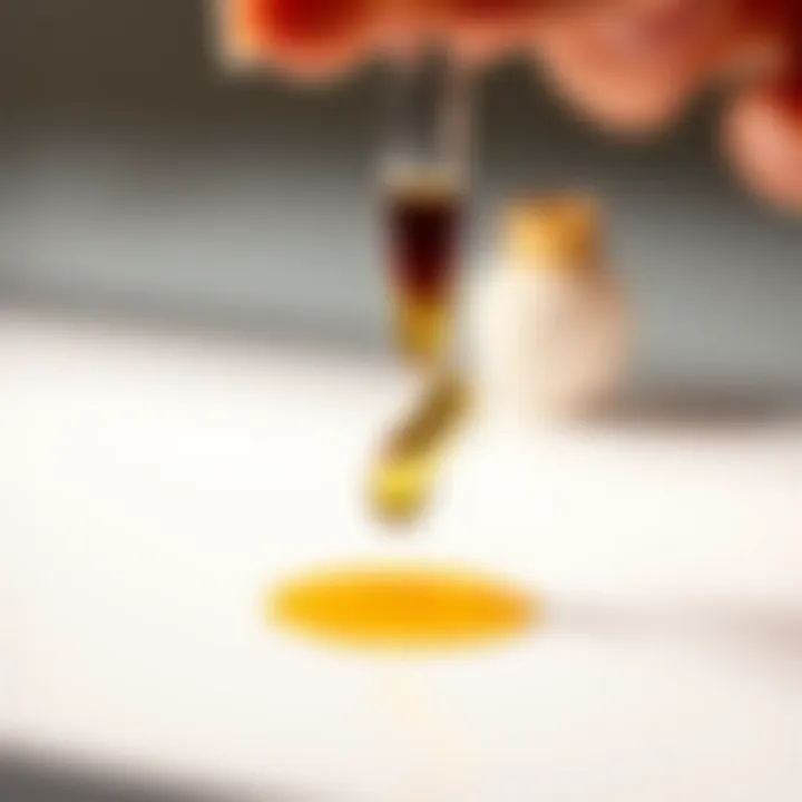 Close-up view of a dropper dispensing vitamin C serum onto a smooth surface.