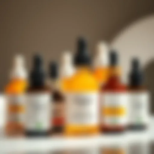 A vibrant display of vitamin C serum bottles showcasing various formulations.