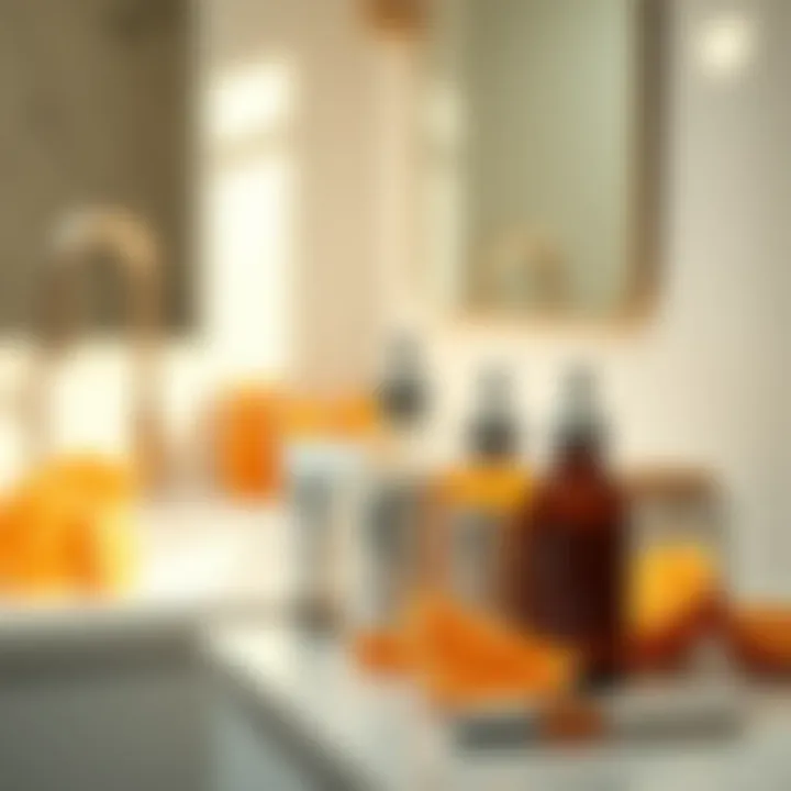 A serene bathroom setting with skincare products arranged aesthetically.
