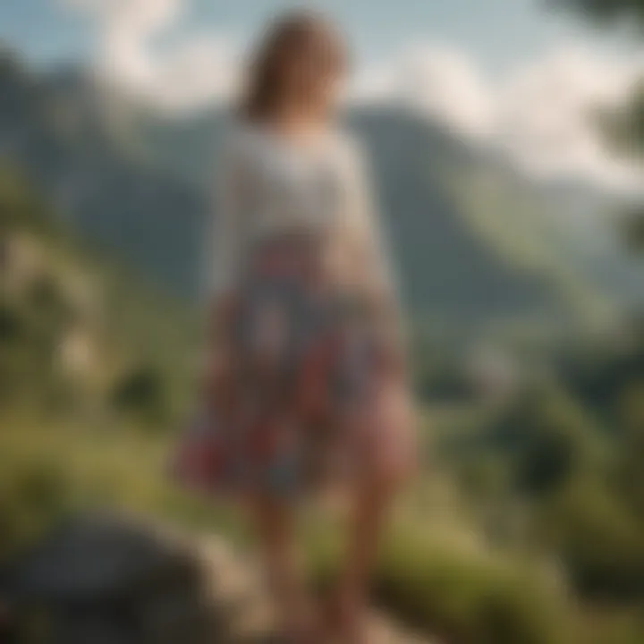 The Aerie floral skirt displayed against a backdrop of natural scenery