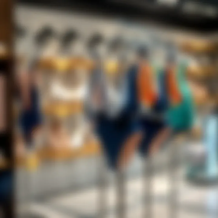 Trendy low back bathing suits displayed in a boutique setting