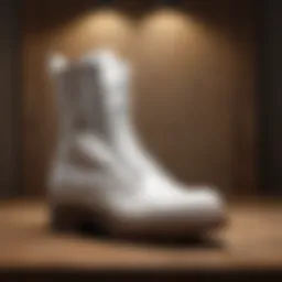 Stylish white combat boots on a wooden surface