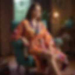 Colorful hippie bathrobe draped elegantly on a vintage chair