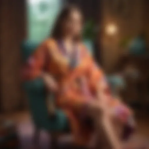 Colorful hippie bathrobe draped elegantly on a vintage chair