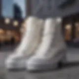 Stylish display of white chunky Converse shoes against an urban backdrop