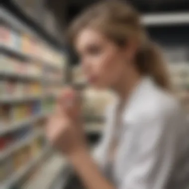 A person reading a vitamin label with a thoughtful expression