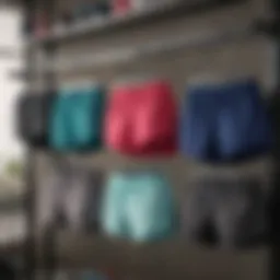 A variety of plus size workout shorts displayed on a rack showcasing different colors and styles.