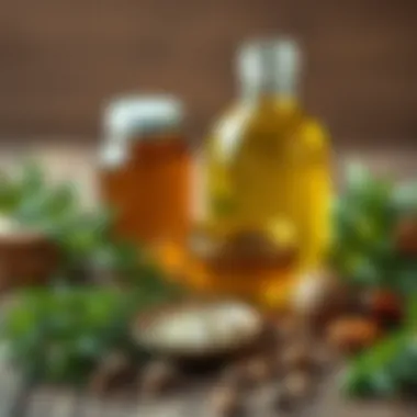Herbal Ingredients for Hair Health An arrangement of herbal ingredients with rosemary and castor oil prominently featured, highlighting their role in hair health.