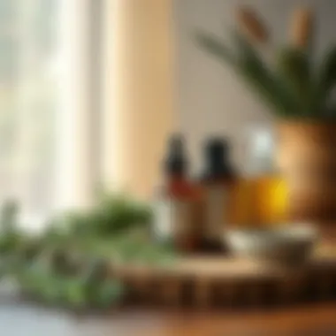 Holistic Natural Hair Care A serene setting with a wooden table displaying rosemary and castor oil alongside hair care products, indicating a holistic approach.