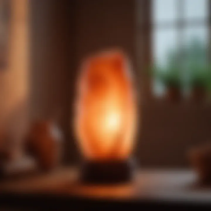 Glowing Himalayan salt lamp in a dim room