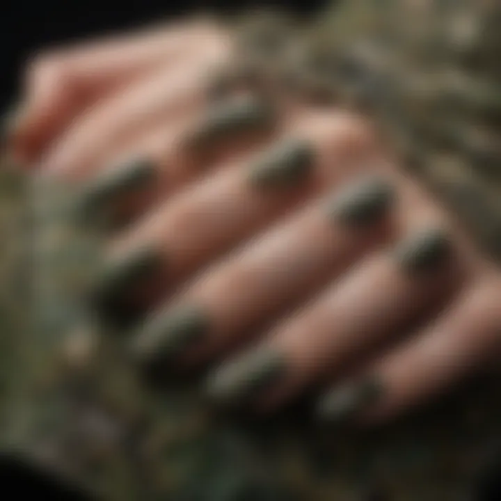 Close-up of a nail art design incorporating camouflage patterns