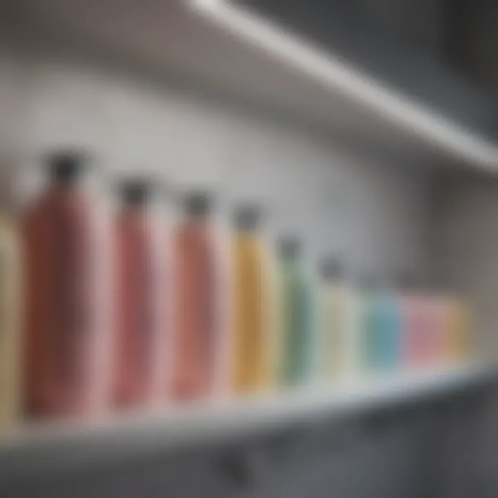 A selection of shampoos on a bathroom shelf