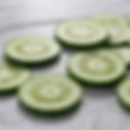 Organic cucumber slices on a white marble surface