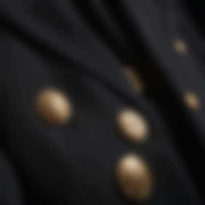 Close-up of intricate gold buttons on a plus-size black blazer