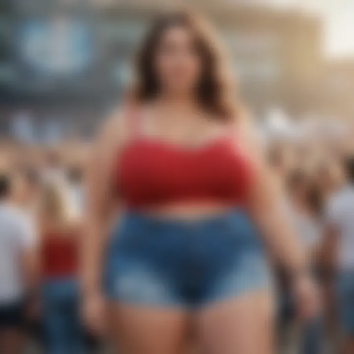 Fashionable plus size woman in denim shorts at a music festival