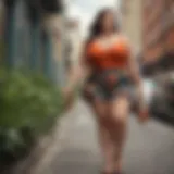 Elegant plus size woman in floral printed shorts on a city street