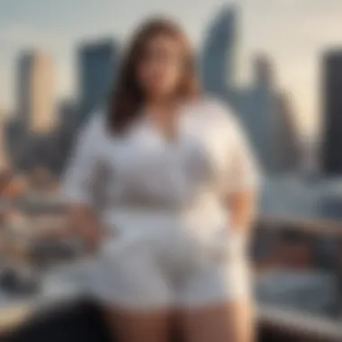 Chic plus size woman in tailored shorts at a rooftop bar