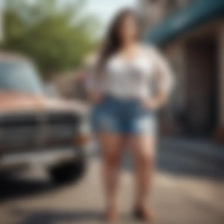 Plus-size woman wearing distressed bermuda shorts with chic blouse