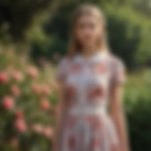 Preppy dress in floral motif on teenage girl in garden