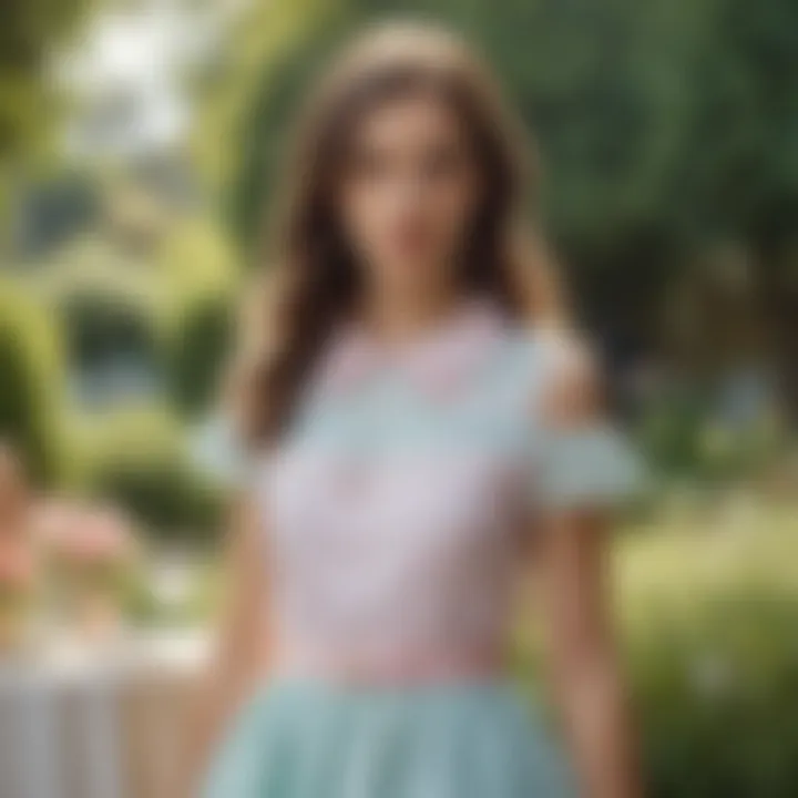 Preppy dress in pastel colors on teenage girl at a garden party