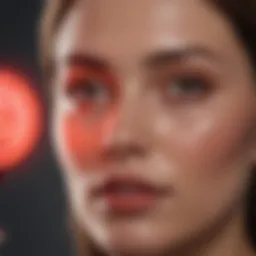 Close-up view of red LED facial light device in action
