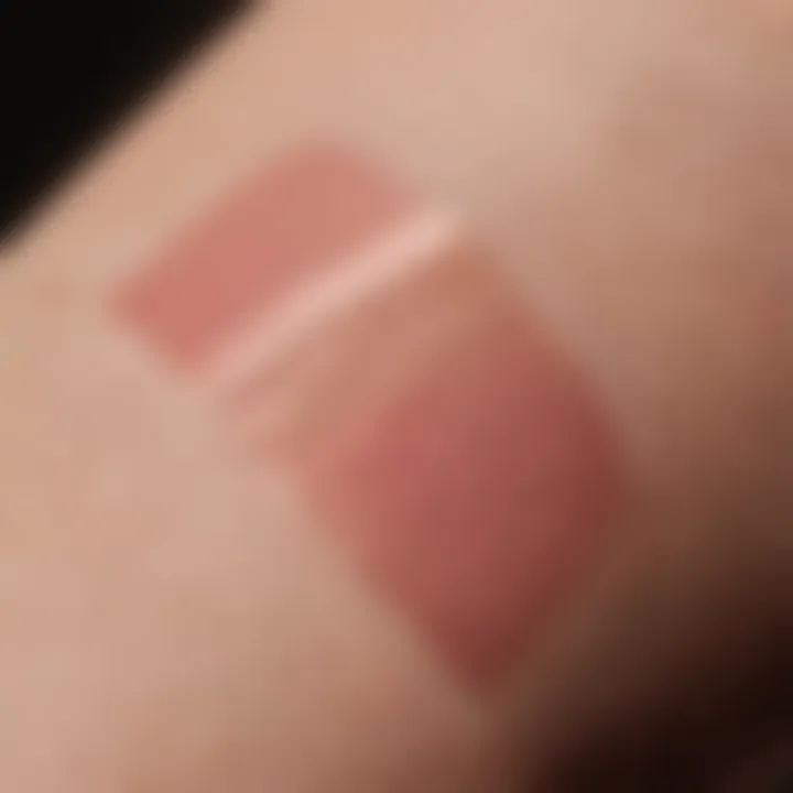 A close-up of skin swatches demonstrating how different blush tones appear on fair skin.