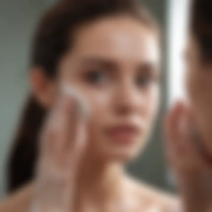 An individual applying face wash in front of a mirror, focusing on a clear skincare routine.