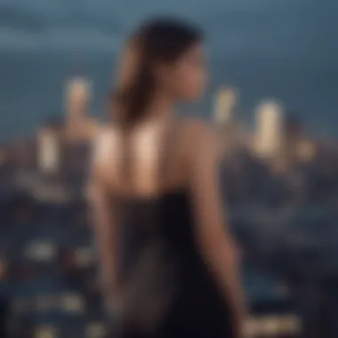 Silhouette of a woman in a slip dress against a city skyline