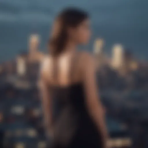 Silhouette of a woman in a slip dress against a city skyline